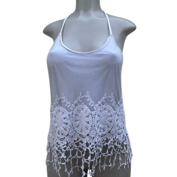 You Are Not Alone Cami Tank Top Women's Medium White Halter Embroidered Crochet - Picture 2 of 14
